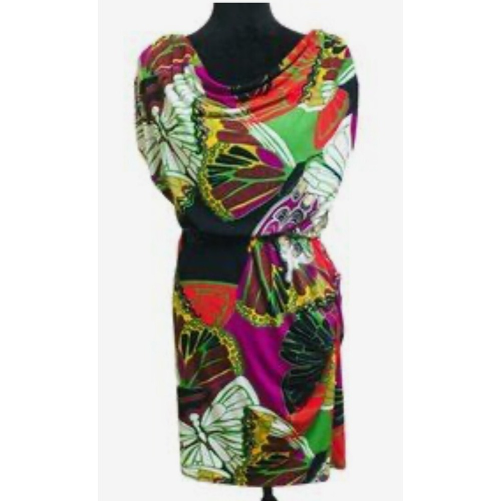 Alfani Sheath Dress Women 2P Multicolor EUC Butterfly Cowl Neck Drape Sleeveless